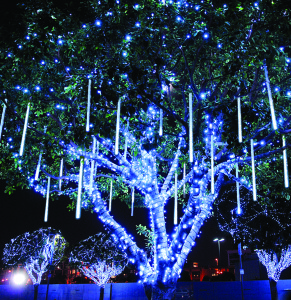Blue holiday lights create a winter wonderland in your on your lawn (Shown here with Snowfall Lighting option)
